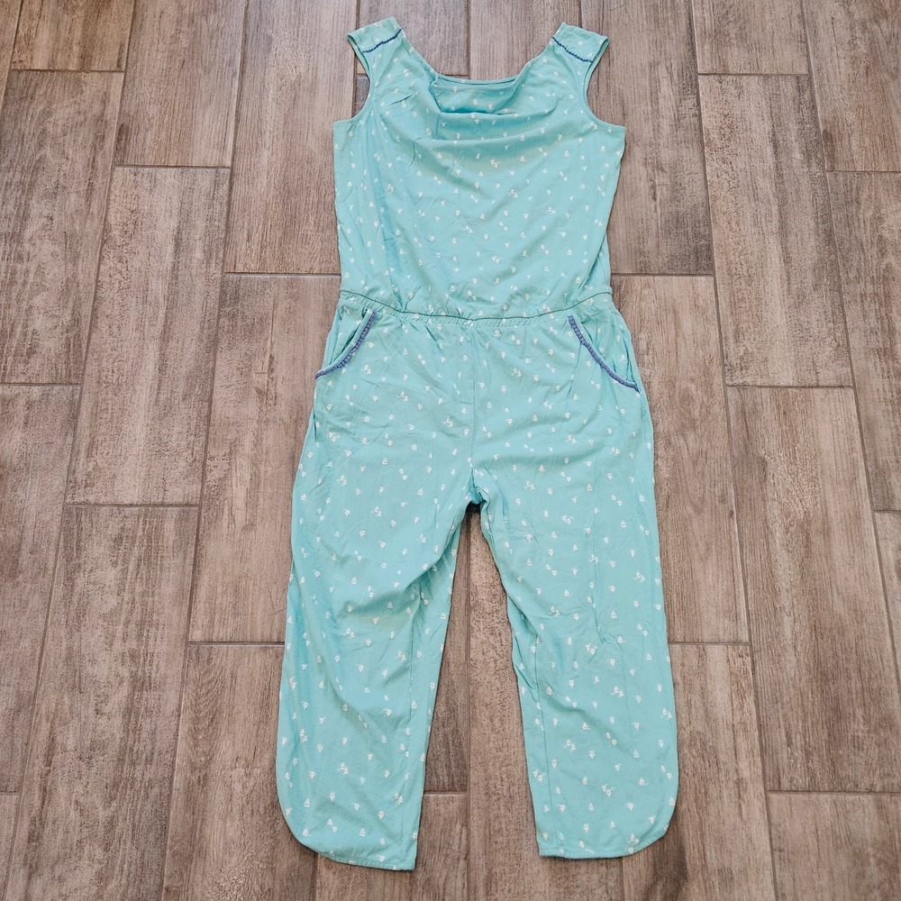 Garnet Hill Jumpsuit Womens Size L Blue Sailboat Cotton Sleeveless Crop Organic
